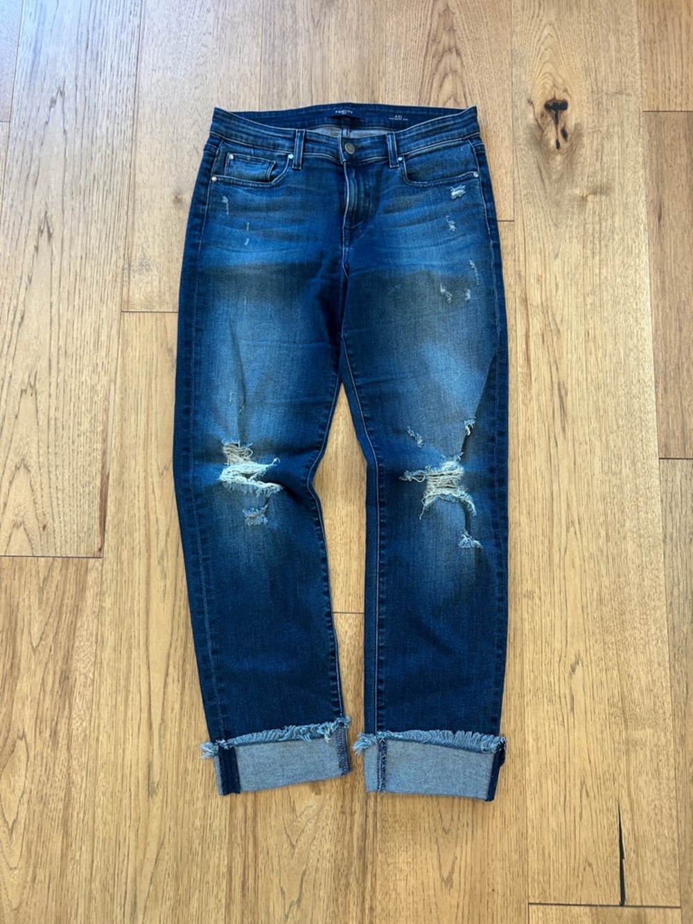 Fidelity Distressed Dark Blue Cuff-cropped Jeans